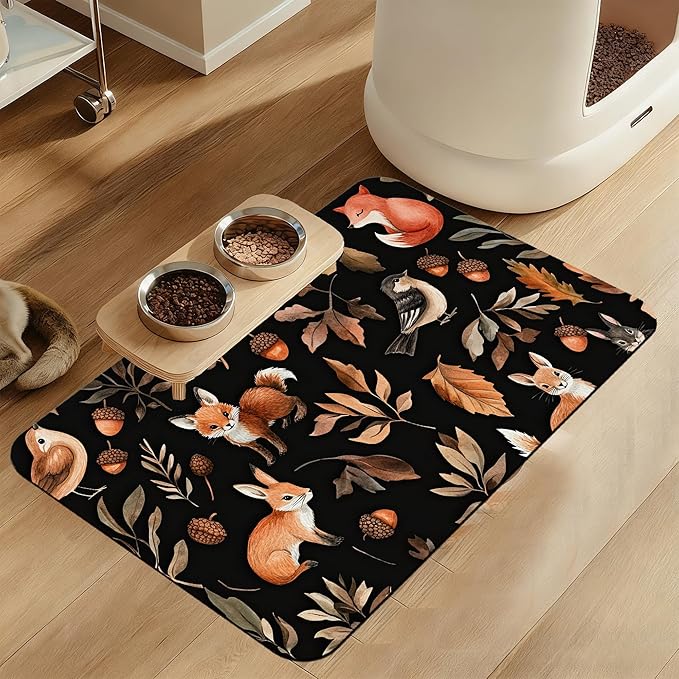 Wild Forest Animals Pet Feeding Mat–Quick Dry Absorbent Dog Cat Food Mat, Non Slip Waterproof Bowl Placemat for Messy Eaters, Pet Accessories for Floors 16"x24"
