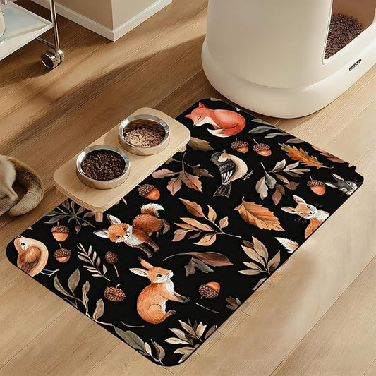 Wild Forest Animals Pet Feeding Mat–Quick Dry Absorbent Dog Cat Food Mat, Non Slip Waterproof Bowl Placemat for Messy Eaters, Pet Accessories for Floors 16"x24"