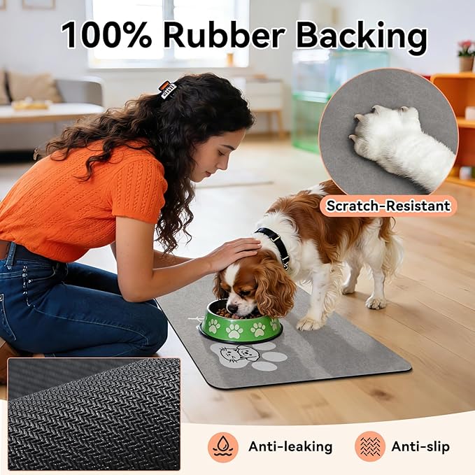 Dog Cat Feeding Mat-Absorbent Pet Bowl Mat for Food and Water, Quick Dry Water Dispenser Mat for Floors with Waterproof Rubber Backing, Large Dogs Placemat Mats for Messy Drinkers,17"x27",Grey