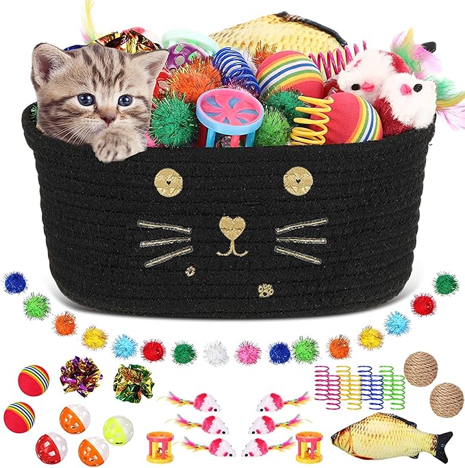 Zopeal 58 Pcs Summer Graduation Cat Storage Basket Gift Toys Set, Colorful Flashing Balls Pet Bell Crinkle Balls Spring Toys Attract Cat to Swat, Hunt, Interactive for Pet(Black,9.8 Inch)