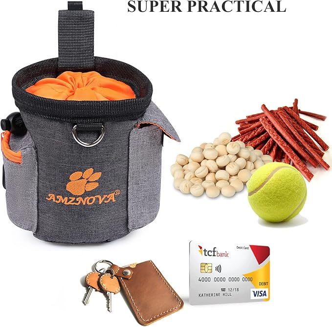 AMZNOVA Dog Treat Bag Treatnow Dog Treat Pouch, Training Pouch with Waist Belt & Clicker for Training & Walking, Waist Clip On Snack Fanny Pack for Pet, 3Cups, Heather Black