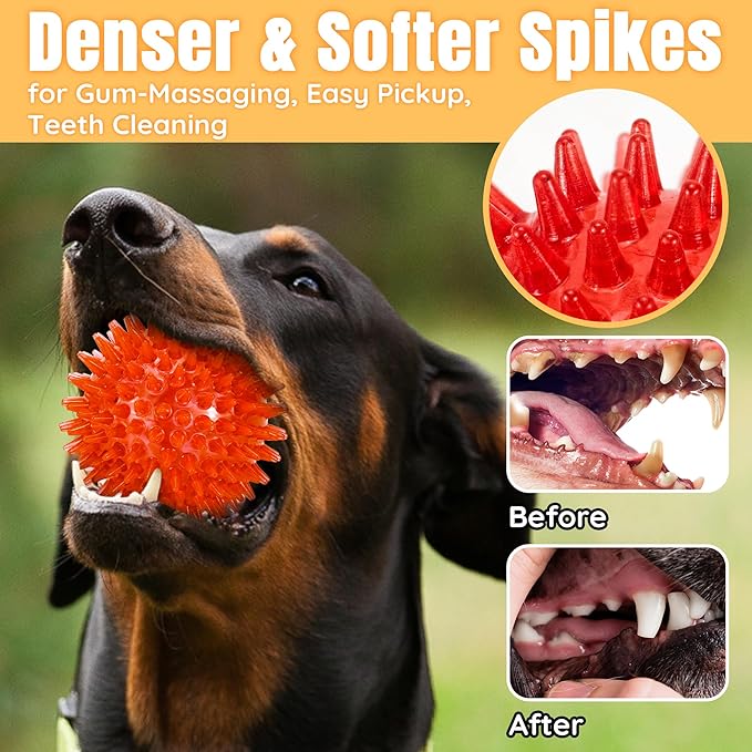 LECHONG 6-Pack 3.5” Squeaky Dog Balls, Durable Soft Spiky Chew Rubber Fetch Toy Balls for Large Medium Aggressive Chewers Teeth Cleaning Chewing Playing Training & Boredom Buster Indoors Outdoors