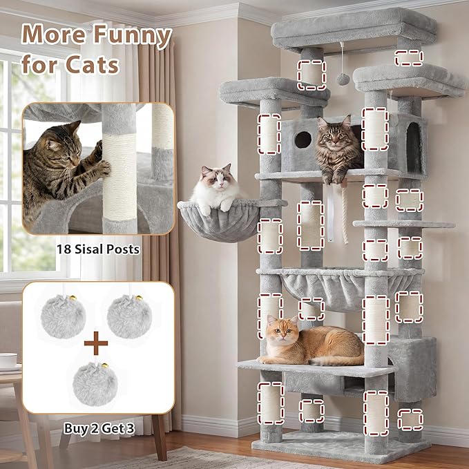 Gitelsnour Cat Tree for Indoor Cats Large Adult, 74" Cat Tower with 3 Big Platforms, 2 Baskets, 2 Condos, Multi-Level Cat Scratching Posts, Light Gray GCT030W