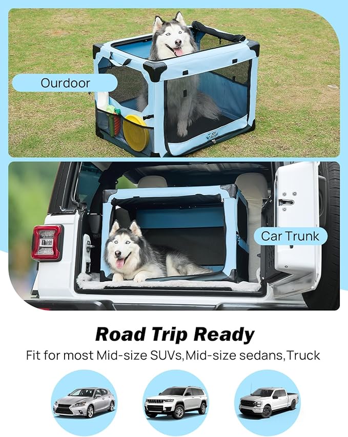 JOYTUTUS Pet Day Special, 32 Inch Collapsible Dog Crate, Steel Frame 8-Bar Foldable Soft Kennel, Portable Travel Crate for Large Dog Up to 51lbs, Oxford Cat Carrier Fit for Car Travel Indoor Outdoor