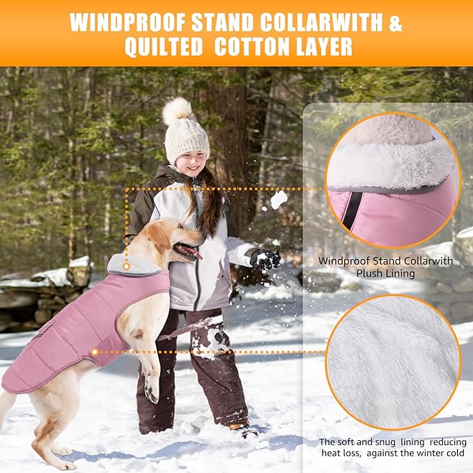 Dog Winter Jacket for X-Large Dogs, Easy on Dog Fleece Snow Coat Velcro Waterproof Pet Puffer Coat with Harness Hole Adjustable Reflective Quilted Pet Cold Weather Vest for Girl Female