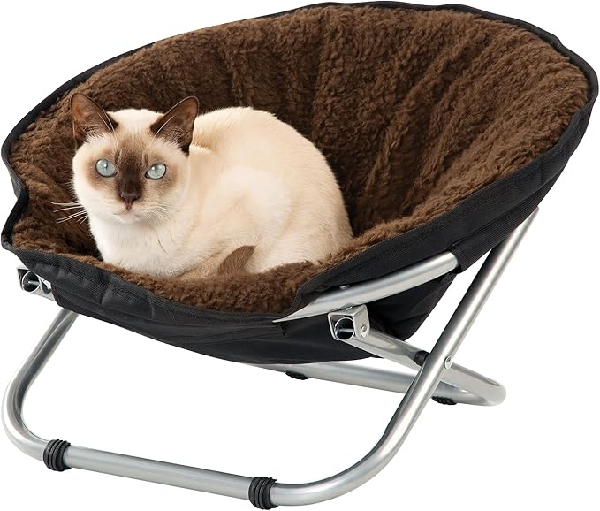 Etna Folding Pet Cozy Chair - Portable Round Fold Out Elevated Cat Bed - Brown Fleece Top Cushion - Papasan Chair for Small Dogs