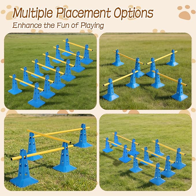 Dog Agility Hurdle Cone Set, Dog Agility Course Backyard Set with Height Adjustable Crossbar for Rehabilitation & Beginners, Dog Agility Equipment for Obstacle Courses,4 Height Levels (10 Pack