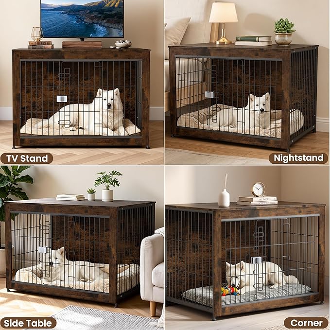 Wooden Dog Crate Furniture, 43in Dog Cage Furniture with Safety Latch, Indoor Decorative End Table for High Anxiety Dogs, Furniture Style Dog Crate for Large Dogs, Aged Black