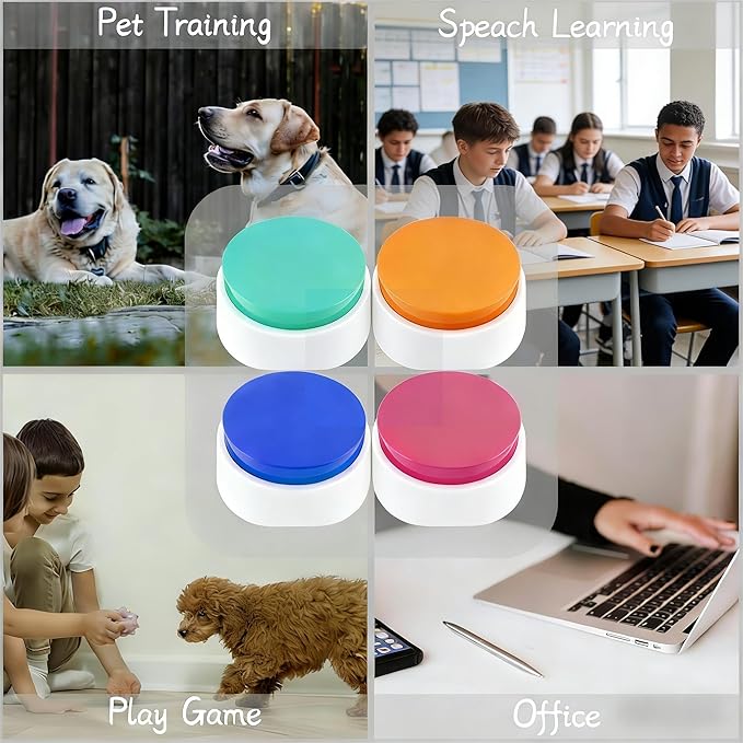 Pet Training Buttons, 4 Pack Recordable Communication Buttons with Anti-Slip Base, 30 Second Recording Time, Speech Learning Device for Dogs, Cats, Small Pets