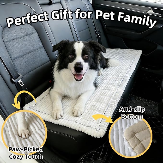 Dog Car Seat Cover, Pet Couch Covers for Car and Sofa, Non-Slip Backseat Pet Bed Mat, Machine Washable, Soft Plush Travel Seat Protector with Portable Storage Bag (White,23.6''×82'')