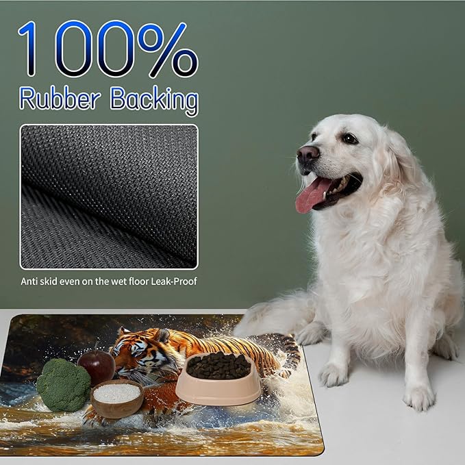 Dog Food Mat, 19.6" x 23.6" Absorbent Pet Feeding Mat for Food and Water, Waterproof Diatom Mud Pet Placemat with Non-Slip Rubber Backing, Easy Clean Cat Bowl Mat for Floors - Tiger