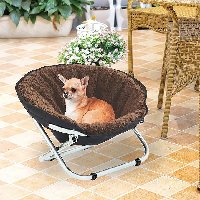Etna Folding Pet Cozy Chair - Portable Round Fold Out Elevated Cat Bed - Brown Fleece Top Cushion - Papasan Chair for Small Dogs