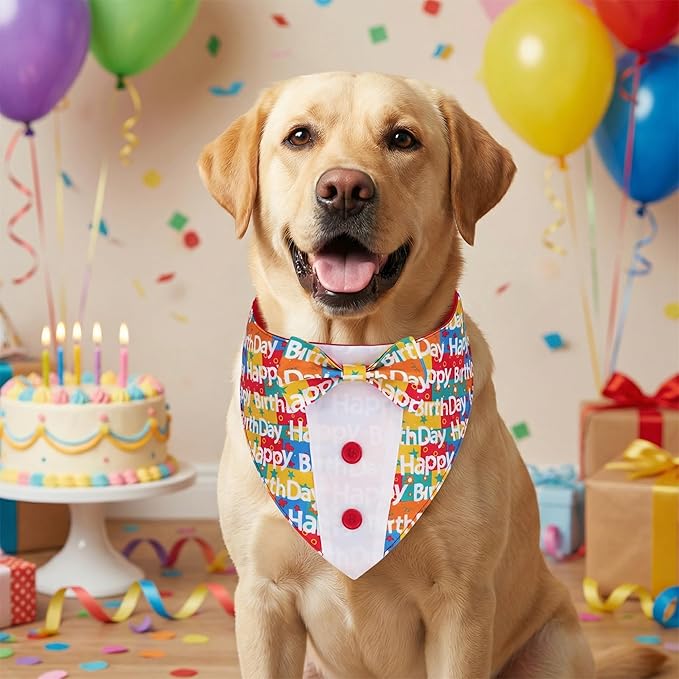 ADOGGYGO Birthday Dog Tuxedo, Adjustable Happy Birthday Print Pet Bowtie Collar Bandana for Large Dogs (L)