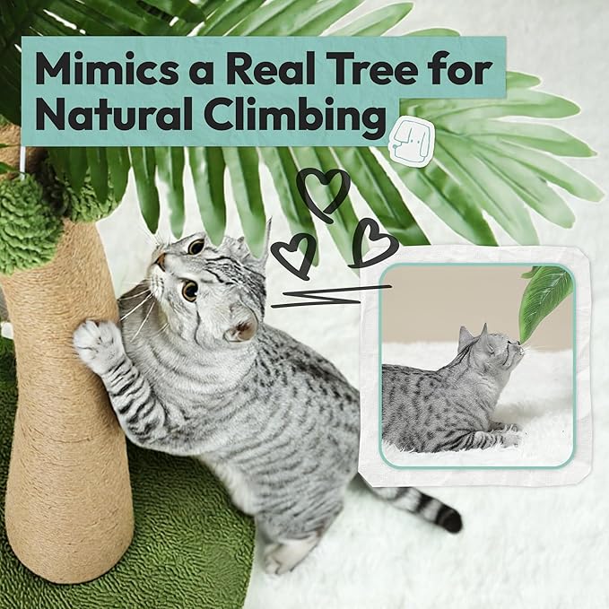 33" Tall Cat Scratching Post, Natural Jute Cat Scratcher for Indoor Cats, Coconut Tree Design with Hanging Toy Ball & Rest Platform, Stable Furniture Protector for Kittens & Adult Cats, L