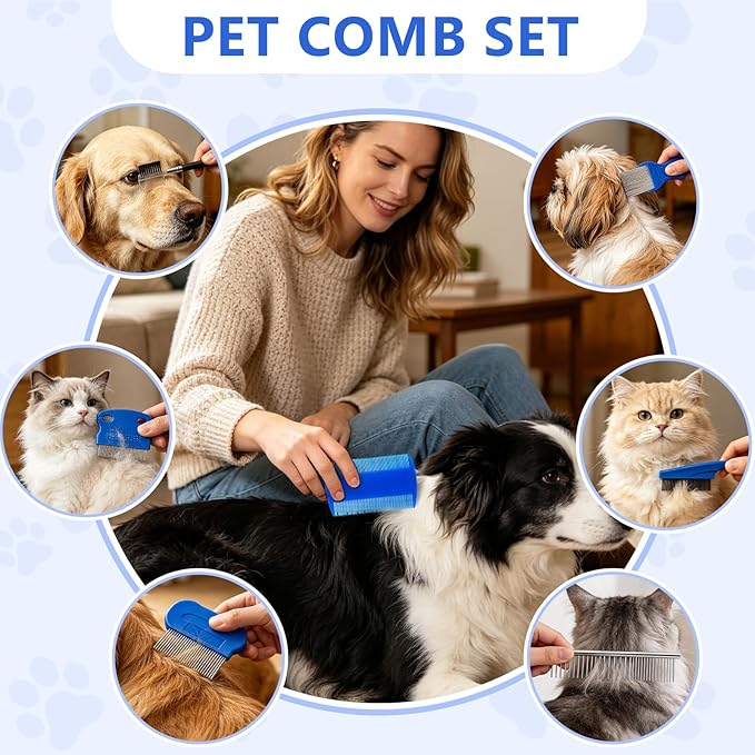7 Pack Pet Grooming Comb Set, Stainless Steel & Plastic Dog Cat Combs, Rounded Teeth Detangling Comb, Tear Stain Cleaning Comb, Eye Hair Comb for Small Medium Large Puppy Kitten