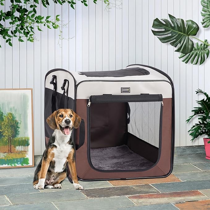 DONORO Dog Kennels and Crates for Medium Dogs, Portable Pop Up Indoor Pet Cage with Sturdy Wire Frame, Collapsible Travel Crate Soft Sided Cat Bag Escape Proof (Brown, 28.0" L x 18.0" W x 22.0" H)