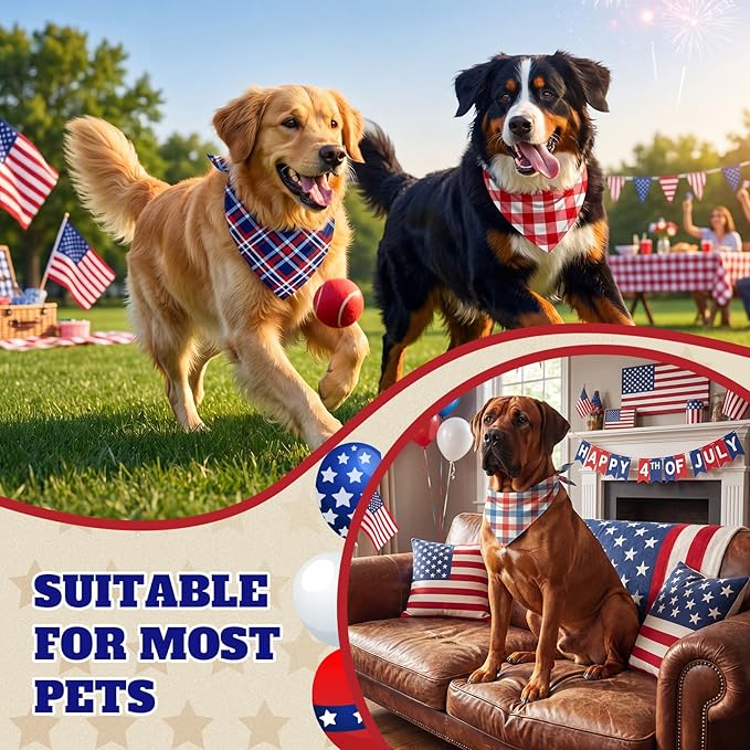 Abbylike 50 Pcs Patriotic Plaid Dog Bandanas Bulk 4th of July Bandanas for Dogs Triangle Kerchief Bib Scarf Set for Pet Independence Day 250th Anniversary Party Costume, 25 Styles(31.5 x 21.7 x 21.7)