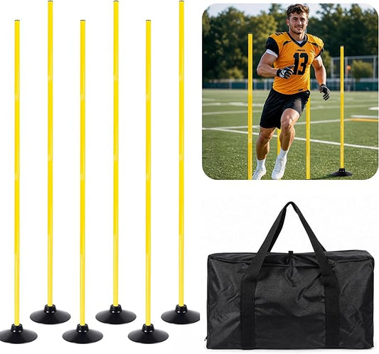 6 Pack Soccer Agility Training Poles, 5 FT Adjustable Speed and Agility Training Equipment for Football/Basketball/Dog Practice, Bending Poles for Horses with Rubber Bases and Carry Bag
