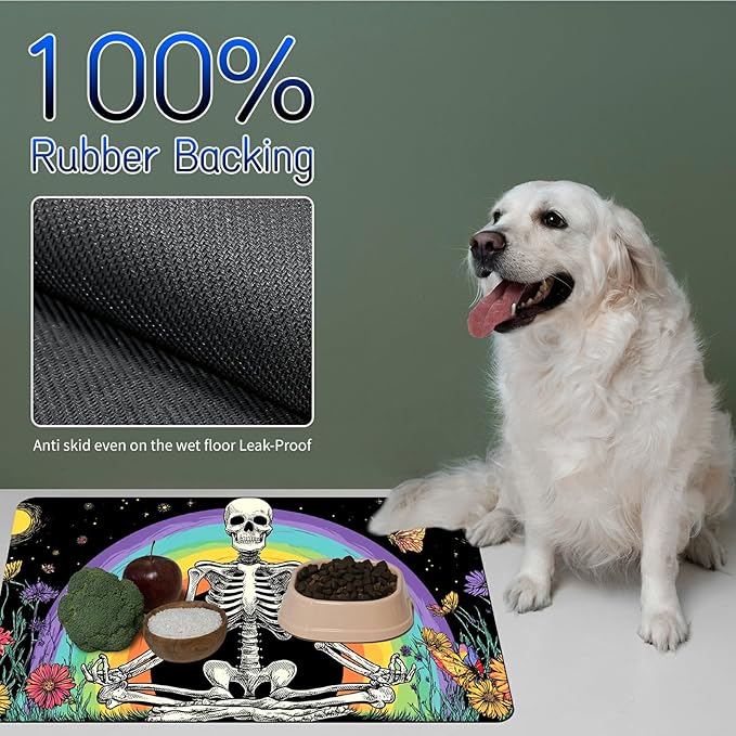 Dog Food Mat, 15.7" x 23.6" Absorbent Pet Feeding Mat for Food and Water, Waterproof Diatom Mud Pet Placemat with Non-Slip Rubber Backing, Easy Clean Cat Bowl Mat for Floors - Rainbow Skull