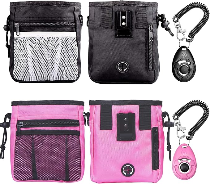 STMK Dog Treat Pouch Dog Clicker Training Kit, Dog Training Treat Pouch Dog Clicker for Training, 3 Ways to Wear Easily Carries Treat Pouches for Pet Training (Black and Pink)