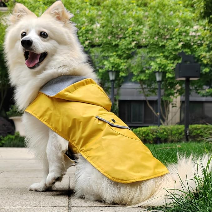 Dog Raincoat Dogs Rain Jacket Reflective Waterproof Pet Clothes Lined Poncho Rainwear Pocket Hooded Leash Hole Adjustable for Small Medium Dogs Puppy,Yellow,XL,Back Length 14.9 Inch