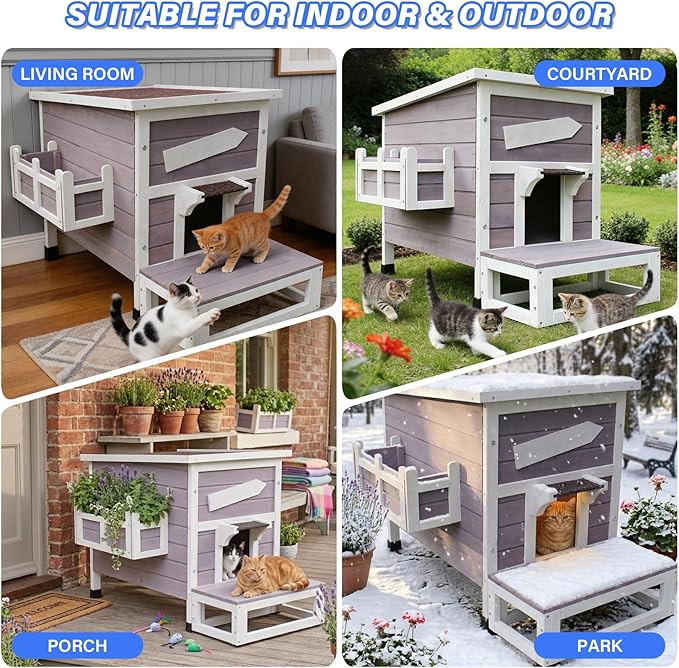 Rockever Outdoor Cat House, Large Outdoor Houses for Feral Cats Wooden Outside Cat Shelter Weatherproof with Escape Door