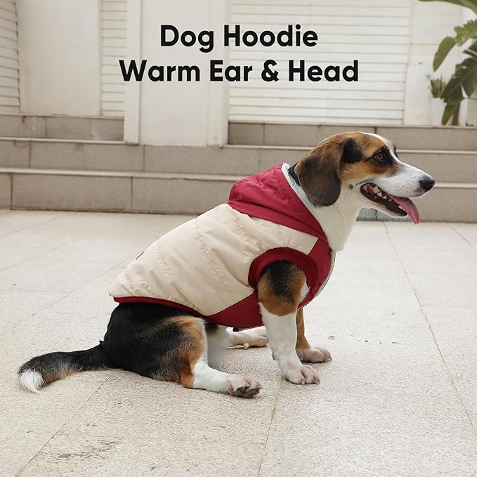 Vecomfy Fleece Lining Extra Warm Dog Hoodie in Winter for Small Dogs Jacket Puppy Coats with Hooded,Beige and Red M