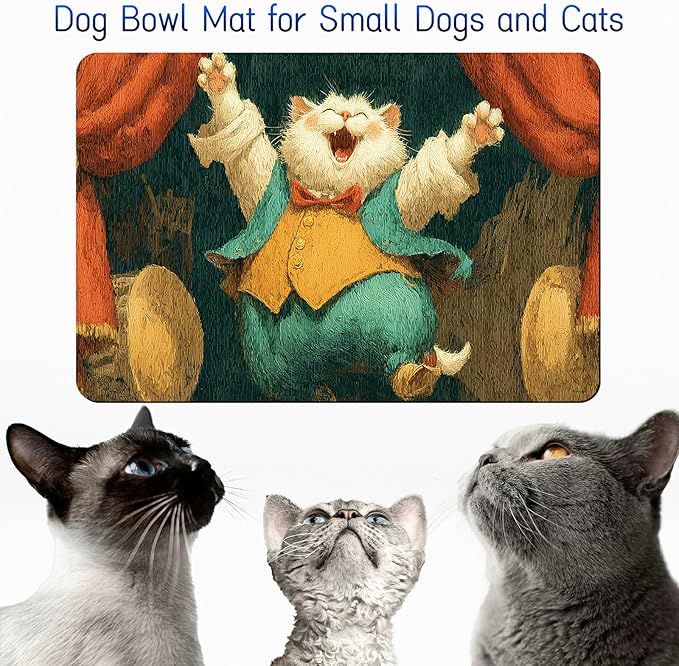 Dog Food Mat, 15.7" x 23.6" Absorbent Pet Feeding Mat for Food and Water, Waterproof Diatom Mud Pet Placemat with Non-Slip Rubber Backing, Easy Clean Cat Bowl Mat for Floors - Cat Blue Clothes