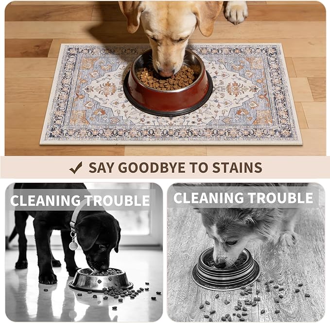 Boho Dog Feeding Mat, Absorbent Cat Matt for Food, Non Slip Pet Water Bowl Placemat Small for Floor, Cream & Terracotta & Blue Indoor Dog Eating Dish Mat 12"x20"