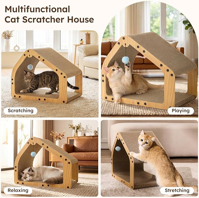 ZOMISIA 20'' Cardboard Cat Scratcher House - Large Cat Scratching Board with Balls, Cat Lounger as Tunnel for Indoor Cats and Kittens, Safe & Secure, Brown