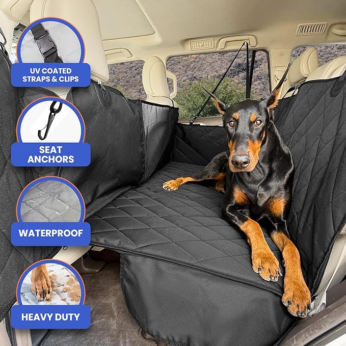 4Knines Back Seat Extender for Dogs, Hard Bottom Waterproof Backseat Protector with EZ Door Guard (Black, Regular)