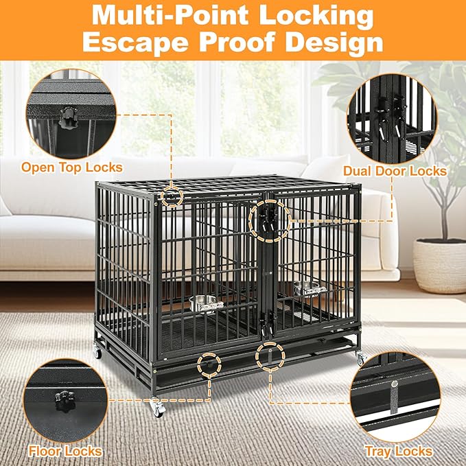 Homey Pet 43 Inch 2 Tiers Dog Crate Cage Kennel with Divider, Stackable Heavy Duty Dog Crate for Large Dogs, Escape Proof Indestructible Dog Kennel Indoor with Removable Tray, Lockable Wheels(4 Packs)