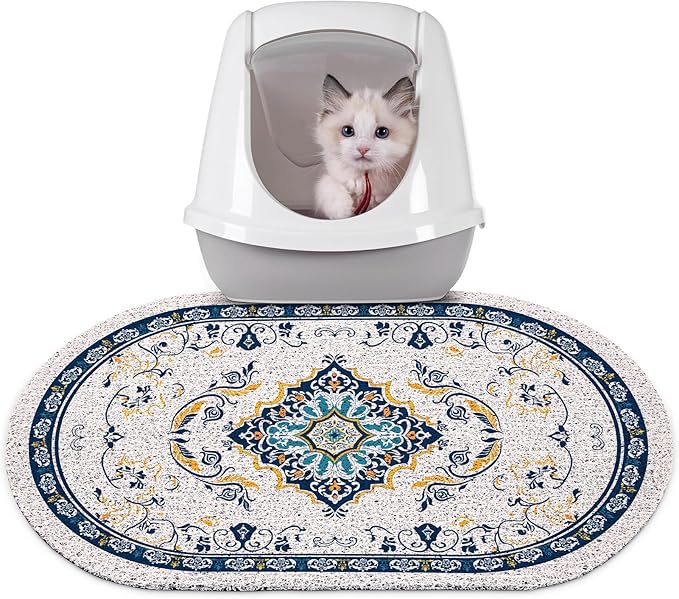 Bienbee Cat Litter Mat, 24" x 15" Litter Box Mat Rug with Non-Slip Bottom,Urine and Water Proof, Easy to Clean Cat Supplies Essentials for Indoor Kitty Kitten Floor, Blue M