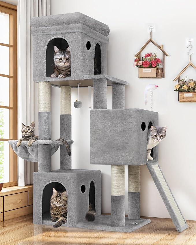 Globlazer 52in Cat Tower for Multiple Indoor Cats, Heavy Duty Multi-Level Cat Tree with 3 Cozy Condos, 4 Natural Sisal Scratching Posts and Cozy Basket Bowl, F52B, Light Grey