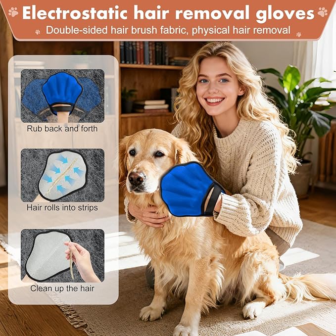 Pet Hair Removal Glove, Electrostatic Pet Hair Remover Glove for Cats & Dogs, Hair Remover Tools for Couch, Carpet, Clothing, Car Seat - Upgraded Five-Finger, Reusable，MediumBlue+LightGray