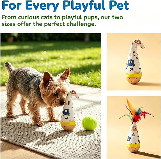 Natural Beechwood Cat Toy, 2-Pack Weeble Wobble Tumbler Toy for Indoor Cats & Small Dogs, Self-Righting Interactive Toy with Colorful Feathers, Silent Battery-Free Play for Solo Exercise