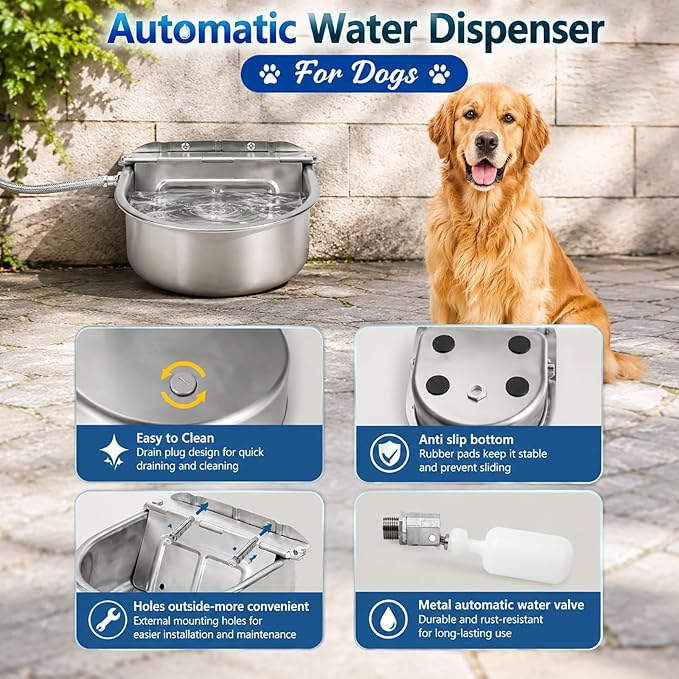 BWOGUE Automatic Water Dispenser for Dogs, 1 Gallon Outdoor Automatic Dog Water Bowl with Float Valve Stainless Steel Dispenser Fit 1/2'' and 3/4'' GHT Faucet for Dog Horse Chicken