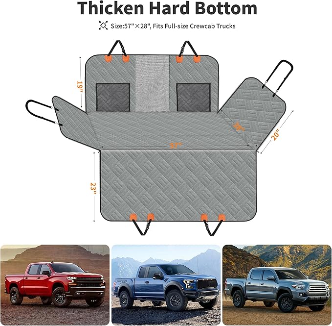 HOTEAGLE Dog Seat Cover Hard Bottom, 3-Section Design for Full-Size Trucks & SUVs, Waterproof & Nonslip Car Hammock for Large Dogs, Pet Truck Extender Cover, Spacious Space(+ 45%) Grey