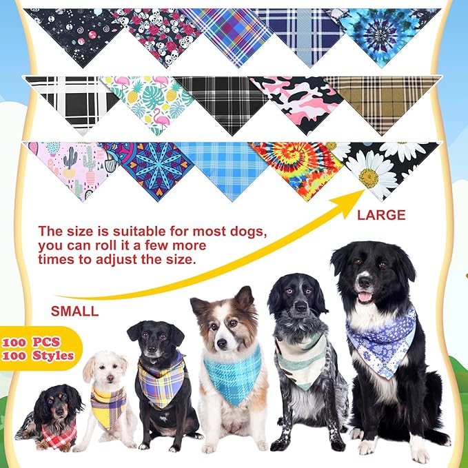 Huhumy 100 Pcs Plaid Dog Bandanas Bulk Pet Bibs Colorful Triangle Scarf Plaid Pet Bandanas for Medium Large Dogs Spring Summer Birthday Costume Decoration