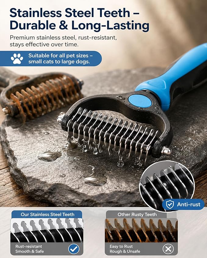 Pet Deshedding Brush for Dogs Cats, 2-in-1 Pet Grooming Tool with Rounded Stainless Steel Teeth & Non-slip Handle, Dual-Head Dematting for Thick Double Coats – Gentle Coat Care (Pink)