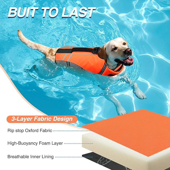 VIVAGLORY Sports Style Dog Life Vest, Dog Life Jacket for Swimming & Boating, Ripstop & Buoyancy for Puppy Doggy, Lifejacket with Handle, S, Bright Orange