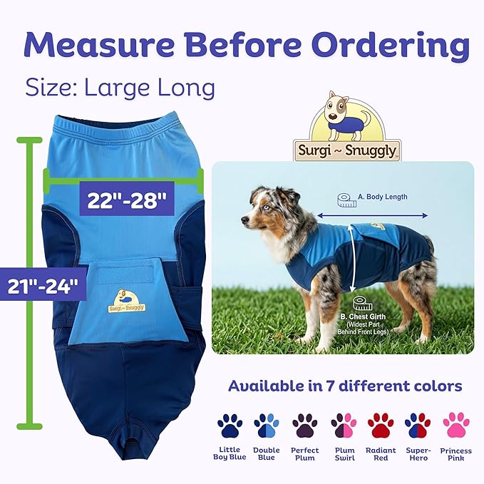 Surgi Snuggly Dog Surgery Recovery Suit – Dog Onesie for Post Surgery Recovery, Female Spay & Male Neuter – Surgical Suit for Dogs, E-Collar Cone Alternative, Double Blue - Large Long - 21" - 24" (EC)