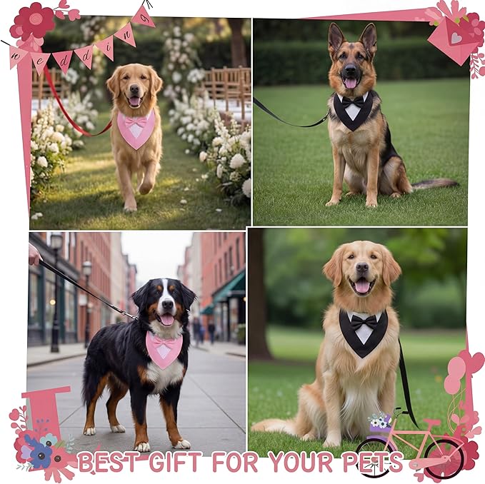 Gilprop 4 Pcs Formal Dog Outfit Dog Tuxedo Sets with Bowtie Wedding Dogs Bandana Collar with Nylon Leash Wedding Outfit Suit Adjustable Pet Party Costumes for Birthday(Black,Pink,Large:21"-24.5")