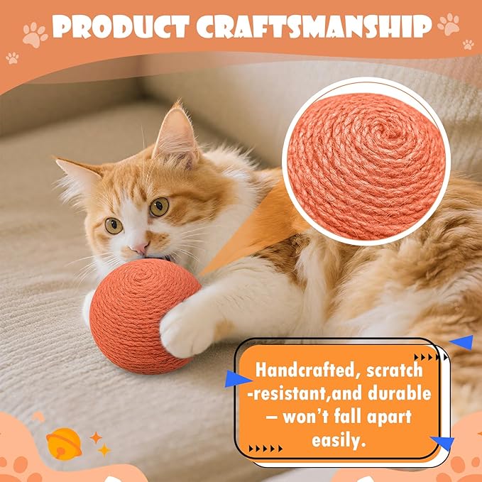 3.94 inch Sisal Cat Ball Toy, Interactive Natural Cat Scratching Ball, Perfect Scratcher for Cats' Exercise and Fun (Orange)