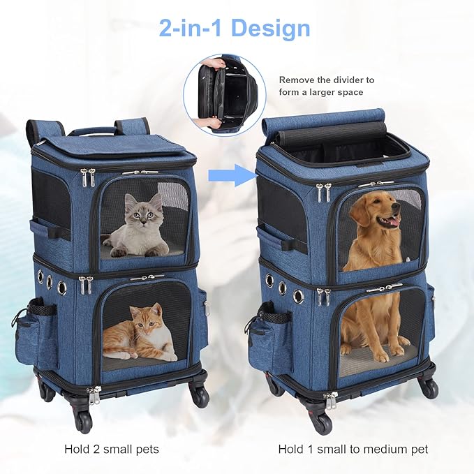 HOVONO Double-Compartment Pet Carrier Backpack with Wheels for Small Cats and Dogs, Cat Rolling Carrier for 2 Cats, Perfect for Traveling/Taking a Walk/Trips to the Vet, Blue