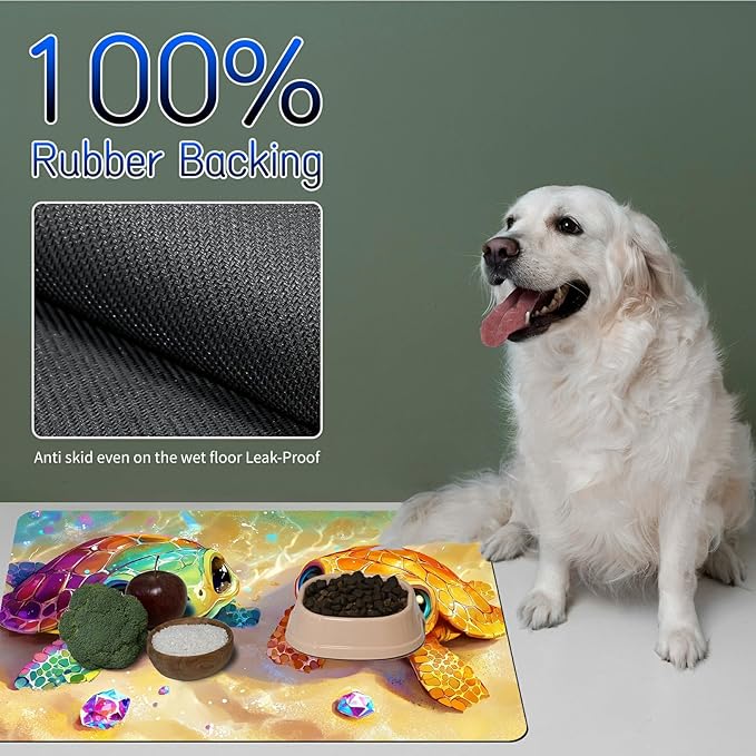 Dog Food Mat, 15.7" x 23.6" Absorbent Pet Feeding Mat for Food and Water, Waterproof Diatom Mud Pet Placemat with Non-Slip Rubber Backing, Cat Bowl Mat for Floors - Orange Green Turtle