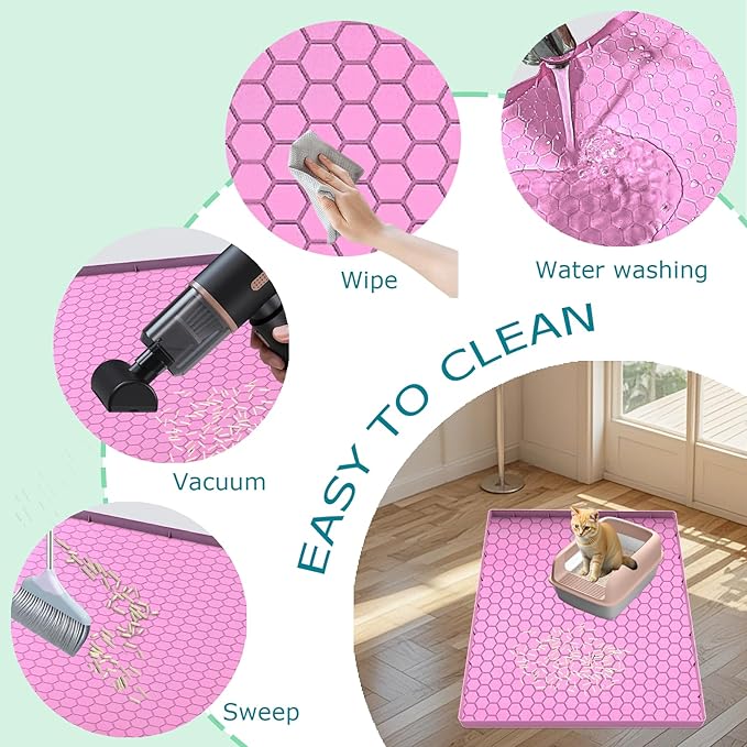 Cat Litter Mat, Silicone Large Cat Mat for Litter Box - 34x22 in, Waterproof & Non-Slip, Durable & Easy Clean, Pink