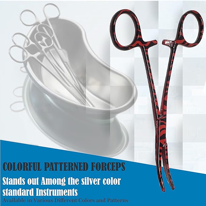 Dog Pet Ear/Nose Hair Puller Grooming Hemostat Locking Forceps Curved Pliers, 5.5" (14cm) Full Serrated Clamps Stainless Steel (Red Candy Swirls)