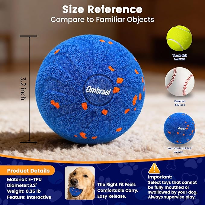 Ombrael Smart Interactive Dog Toys-Ball, Automatic Moving Bouncing Spinning, Washable Chew-Resistant to Keep Them Busy, for Medium Large Bored Dogs Indoor Outdoor Play