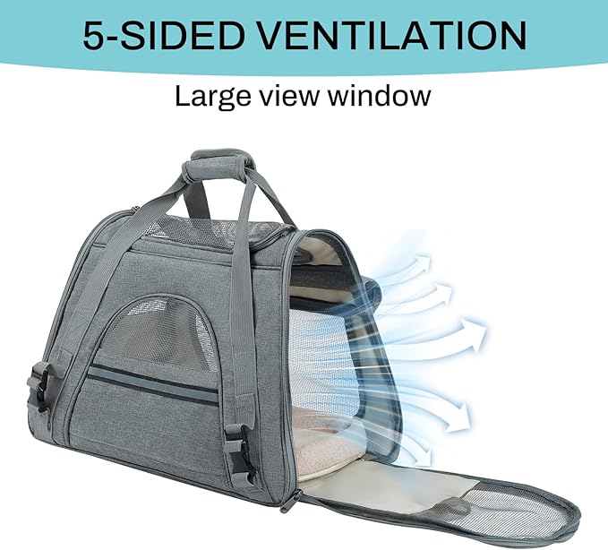 Airline Approved Soft-Sided Pet Carrier for Cats & Small Dogs - Ventilated Travel Bag with Removable Mat, Under 15 lbs, Grey